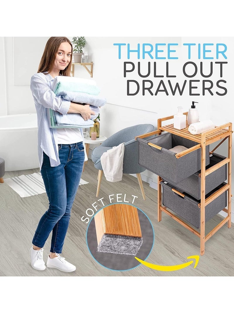 JOMILA 4 Tier Freestanding Storage Shelf Hamper with Pull Out Drawers for Towels Linens Sheets Clothes - Natural Bamboo Wooden Organizer Basket for Bedroom Bathroom Laundry  - Image 4