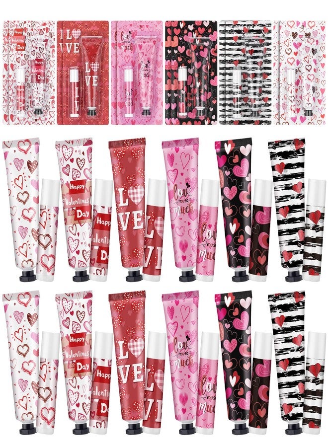 Loopeer 12 Sets Valentine's Day Hand Cream Lip Balm Bulk Gifts Galentine's Day Gift Valentine Party Favor Love Heart Mini Travel Size Moisturizing Hand Lotion for Women Coworker Teacher Nurse, 30 ml - Image 1