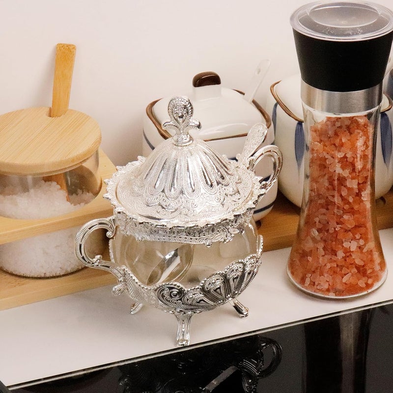 Tsnamay 6.1" Sugar Bowl with Lid and Spoon for Kitchen Coffee Bar and Wedding Party,Sugar Container for Sugar Cube and Powder Sugar,Salt Server,Silver - Image 3