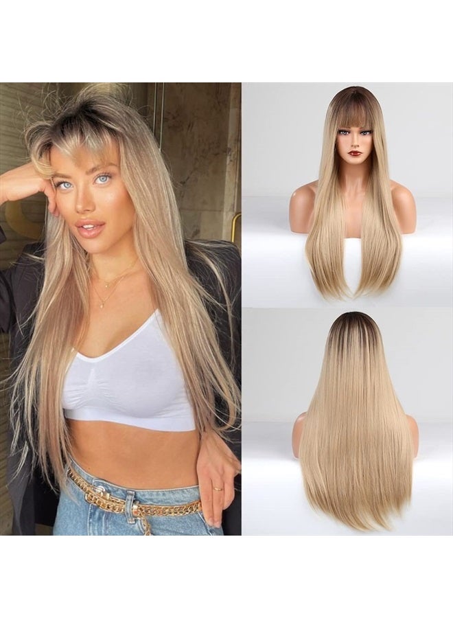 EMMOR Ombre Blonde Wig with bangs for Women, Long Straight Natural Synthetic Hair Dark Root Wigs, Party Cosplay Daily Use (28" Ombre Blonde) - Image 1