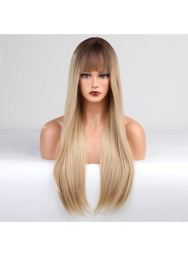 EMMOR Ombre Blonde Wig with bangs for Women, Long Straight Natural Synthetic Hair Dark Root Wigs, Party Cosplay Daily Use (28" Ombre Blonde) - Image 2