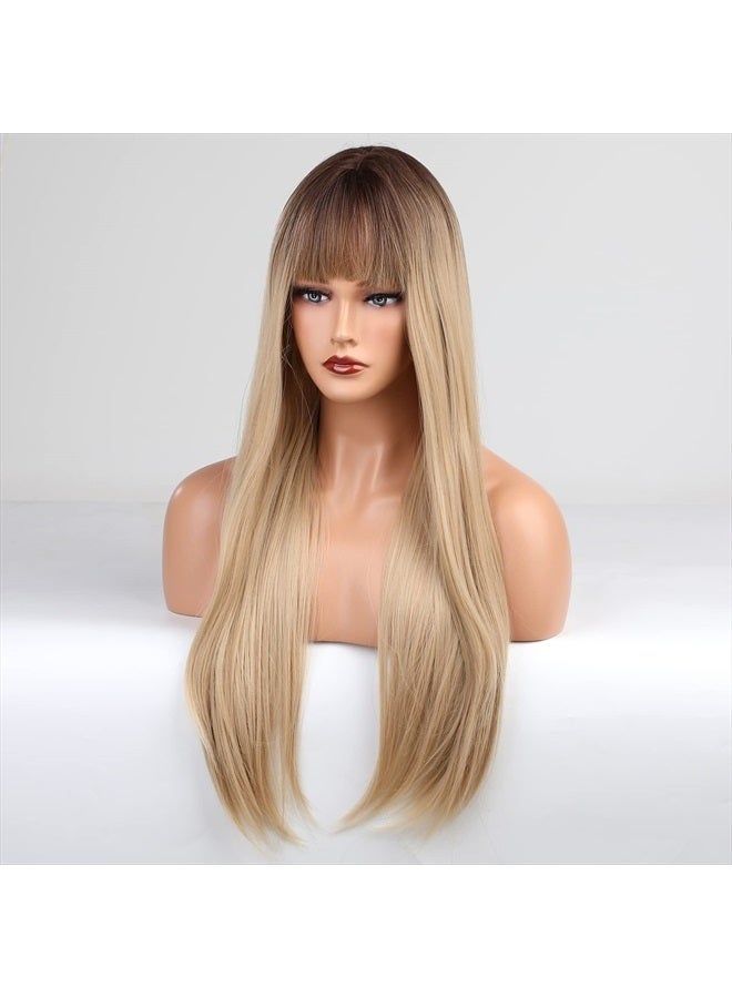 EMMOR Ombre Blonde Wig with bangs for Women, Long Straight Natural Synthetic Hair Dark Root Wigs, Party Cosplay Daily Use (28" Ombre Blonde) - Image 4