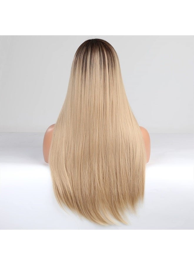 EMMOR Ombre Blonde Wig with bangs for Women, Long Straight Natural Synthetic Hair Dark Root Wigs, Party Cosplay Daily Use (28" Ombre Blonde) - Image 3