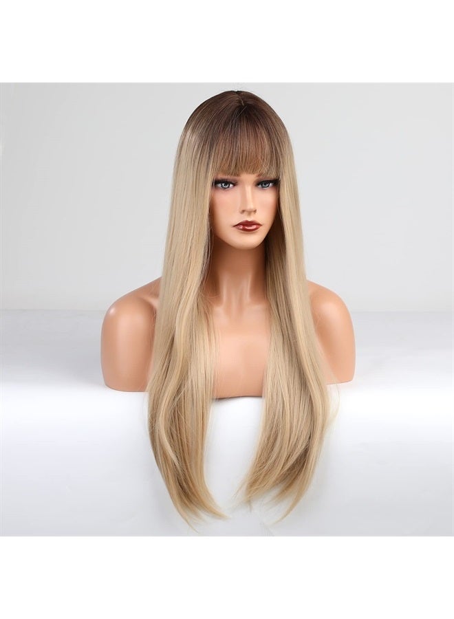 EMMOR Ombre Blonde Wig with bangs for Women, Long Straight Natural Synthetic Hair Dark Root Wigs, Party Cosplay Daily Use (28" Ombre Blonde) - Image 5