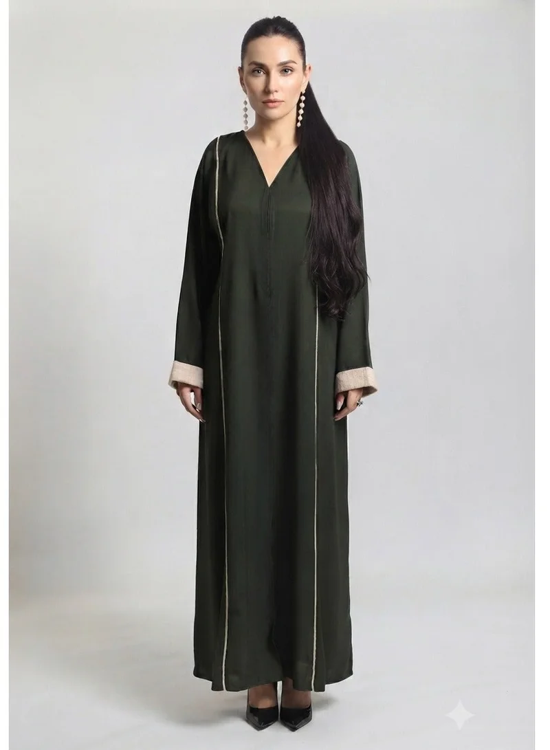 Nikias Bottle Green Nida Abaya with Beige Linen Piping