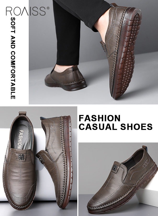 roaiss Casual Slip-On Flat Shoes for Men Round Toe Low Top Stitch Decor Soft Sole Business Leather Shoes Mens Wear Resistant Anti Slip Breathable Comfort Outdoor Walking Shoes - Image 3