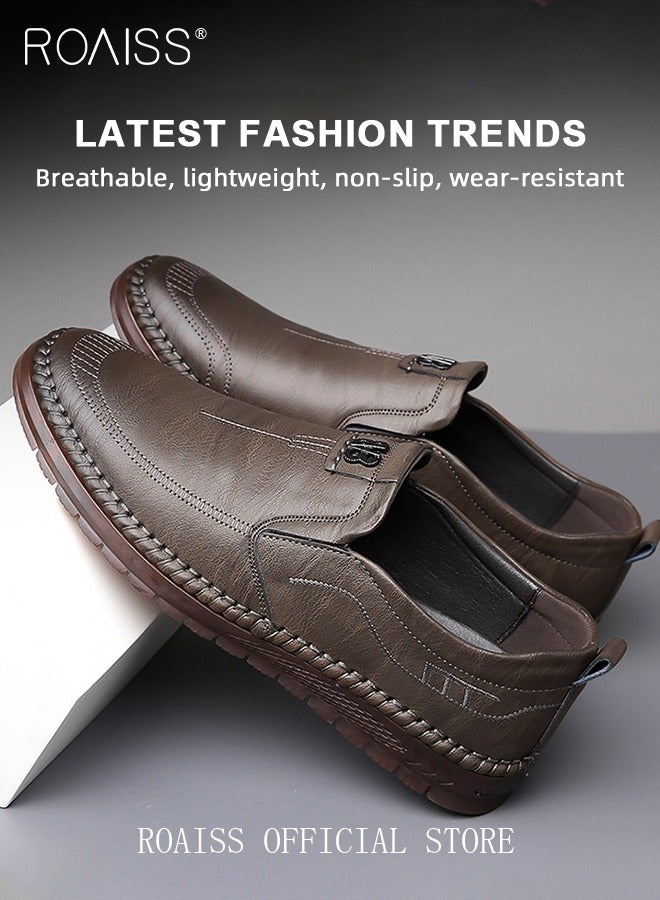 roaiss Casual Slip-On Flat Shoes for Men Round Toe Low Top Stitch Decor Soft Sole Business Leather Shoes Mens Wear Resistant Anti Slip Breathable Comfort Outdoor Walking Shoes - Image 4