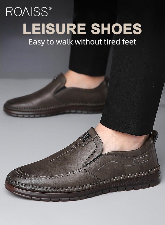 roaiss Casual Slip-On Flat Shoes for Men Round Toe Low Top Stitch Decor Soft Sole Business Leather Shoes Mens Wear Resistant Anti Slip Breathable Comfort Outdoor Walking Shoes - Image 1