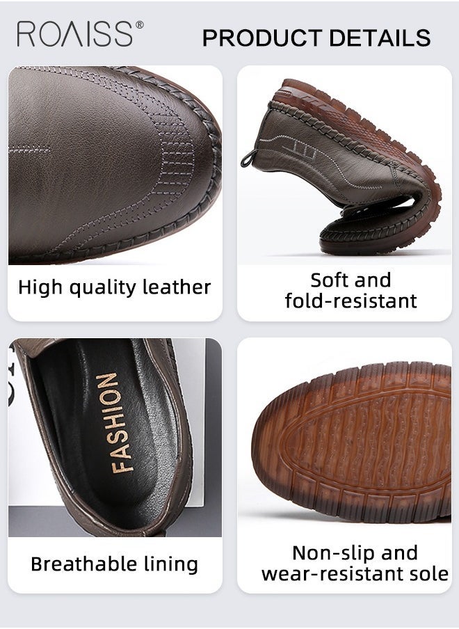 roaiss Casual Slip-On Flat Shoes for Men Round Toe Low Top Stitch Decor Soft Sole Business Leather Shoes Mens Wear Resistant Anti Slip Breathable Comfort Outdoor Walking Shoes - Image 2