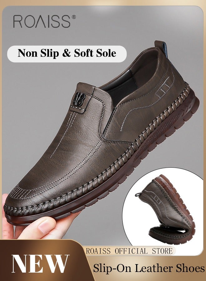 roaiss Casual Slip-On Flat Shoes for Men Round Toe Low Top Stitch Decor Soft Sole Business Leather Shoes Mens Wear Resistant Anti Slip Breathable Comfort Outdoor Walking Shoes - Image 5