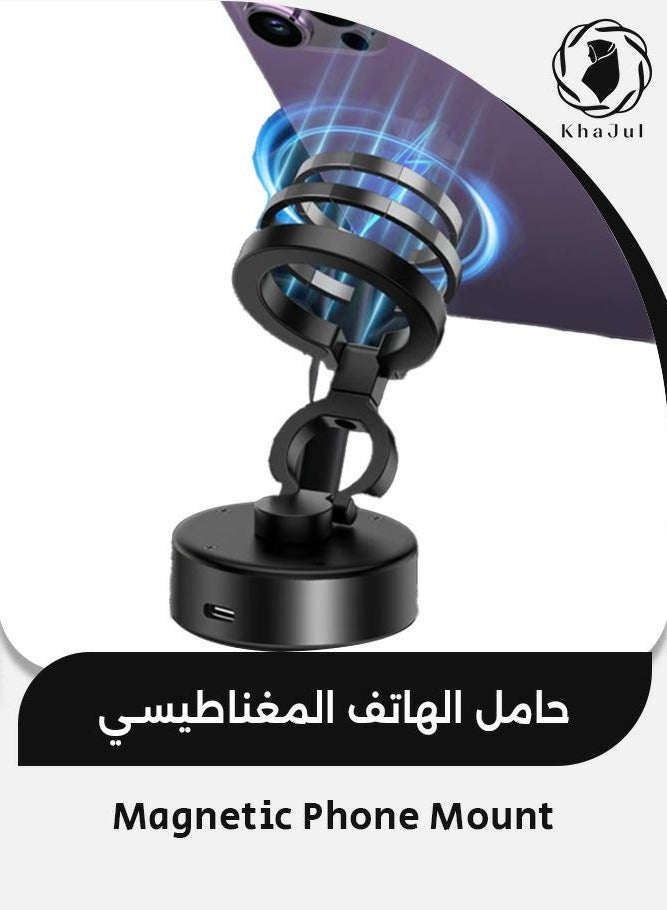 KHAJUL Magnetic Car Phone Holder, Foldable Dashboard Mount for Smartphones, 360 Rotation Suction Base for Navigation, Adjustable Arm (Black) - Image 1
