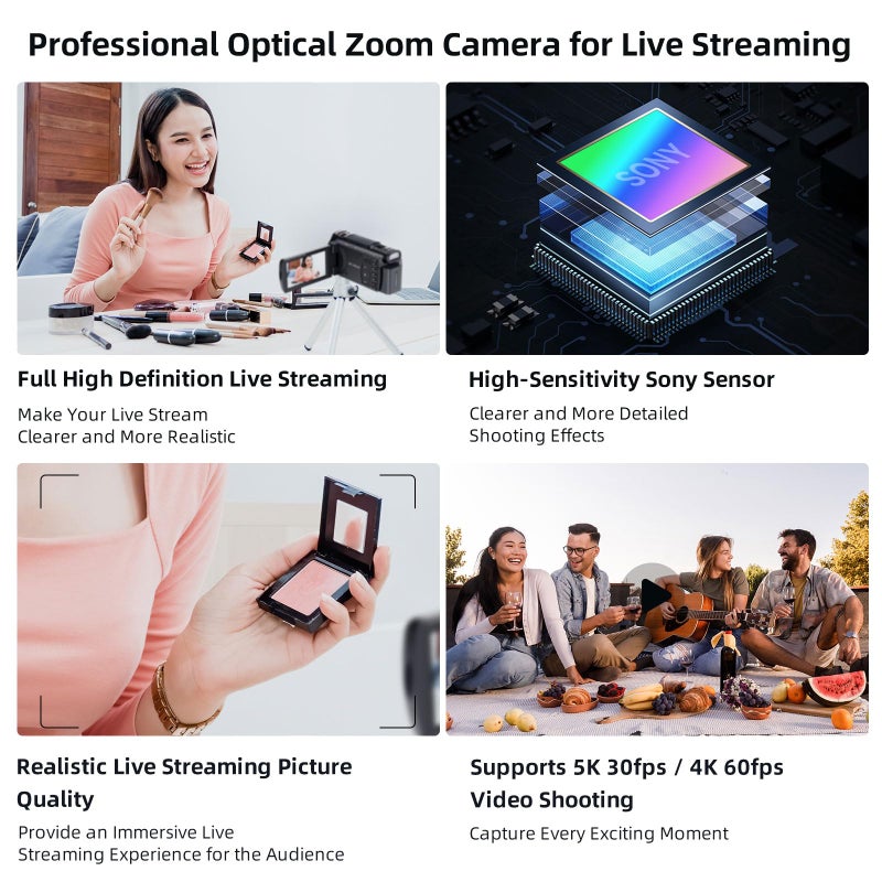 ORDRO كاميرا فيديو ORDRO HDR-XV80 بدقة 5K، شاشة دوارة 3.5 بوصة، كاميرا فيديو بدقة 4K Ultra HD 48MP، بث مباشر، زوم بصري 12x، كاميرا رقمية مع جهاز تحكم عن بعد وبطاريتين - Image 2