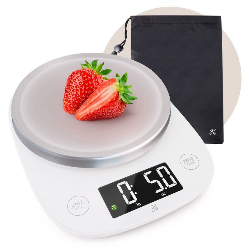Greater Goods Digital Kitchen Scale with LCD Display Weighs in Grams and Ounces Batteries Included Weighs up to 11 Pounds White No Bowl