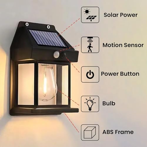 ORILEY Solar Wall Light with Motion Sensor Single Bulb | Wireless Outdoor Sconce for Wall, Porch, Patio, Garden & Home | Auto-Chargeable Dusk-to-Dawn Solar Lamp for Balcony (Pack of 2, Warm White) - Image 2
