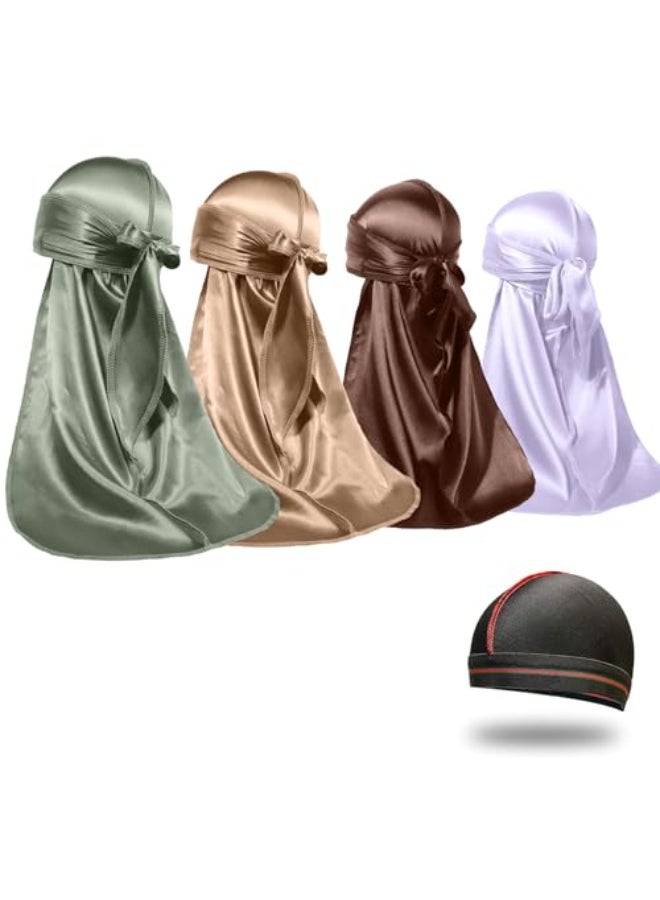 ForceWave 4PCS Silky Durags for Men Women 360 Waves with 1 Wave Cap Silky Satin Durag Extra Long Tails - Image 1