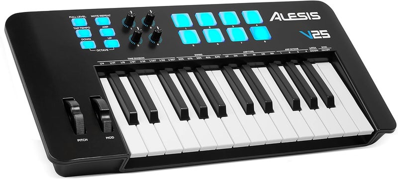 أليسيس V25 MKII – وحدة تحكم لوحة مفاتيح MIDI عبر USB مع 25 مفتاحًا حساسًا للسرعة، و8 وسادات كاملة المستوى، ومُولّد الأربيجيو، وعجلة التحكم في الطبقة/التعديل، وتكرار النغمات، وحزمة البرامج - Image 1