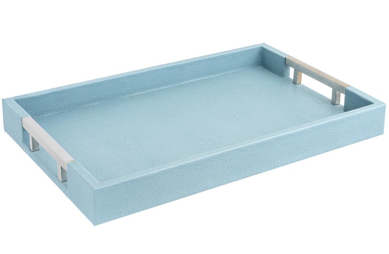 Modern Elegant 18x12 Rectangle Baby Light Blue Glossy Shagreen Faux Leather Decorative Tray Ottoman Coffee Table Perfume Living Room Kitchen Serving Tray with Silver Metal Handles by Home Redefined