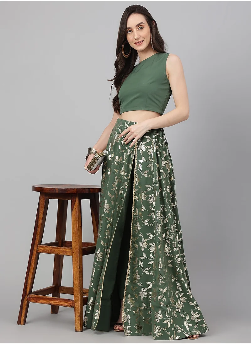 kolaba Olive Green Crepe Solid Lehanga Choli Set