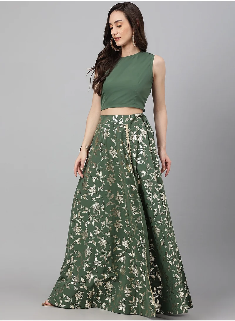 كولابا Olive Green Crepe Solid Lehanga Choli Set