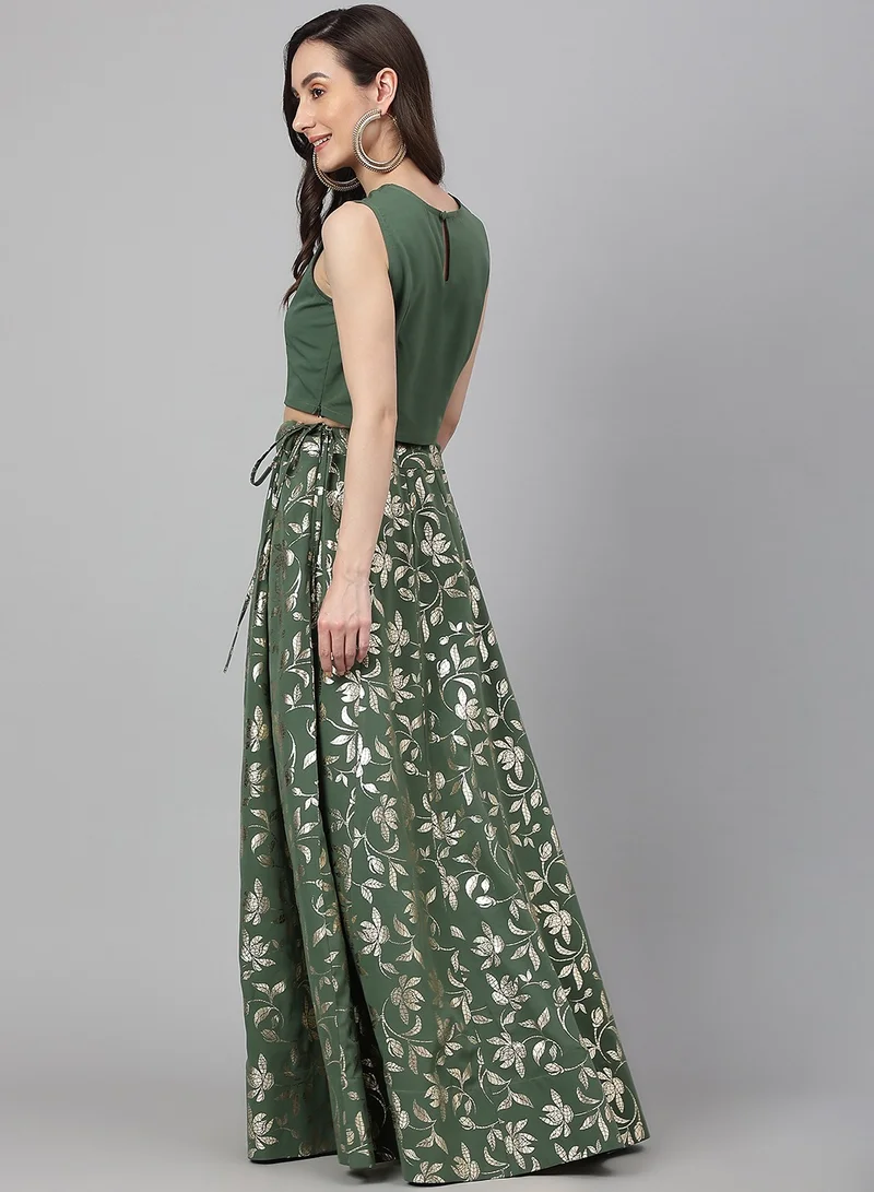 kolaba Olive Green Crepe Solid Lehanga Choli Set
