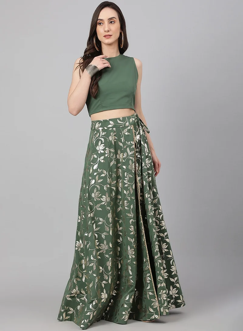 kolaba Olive Green Crepe Solid Lehanga Choli Set