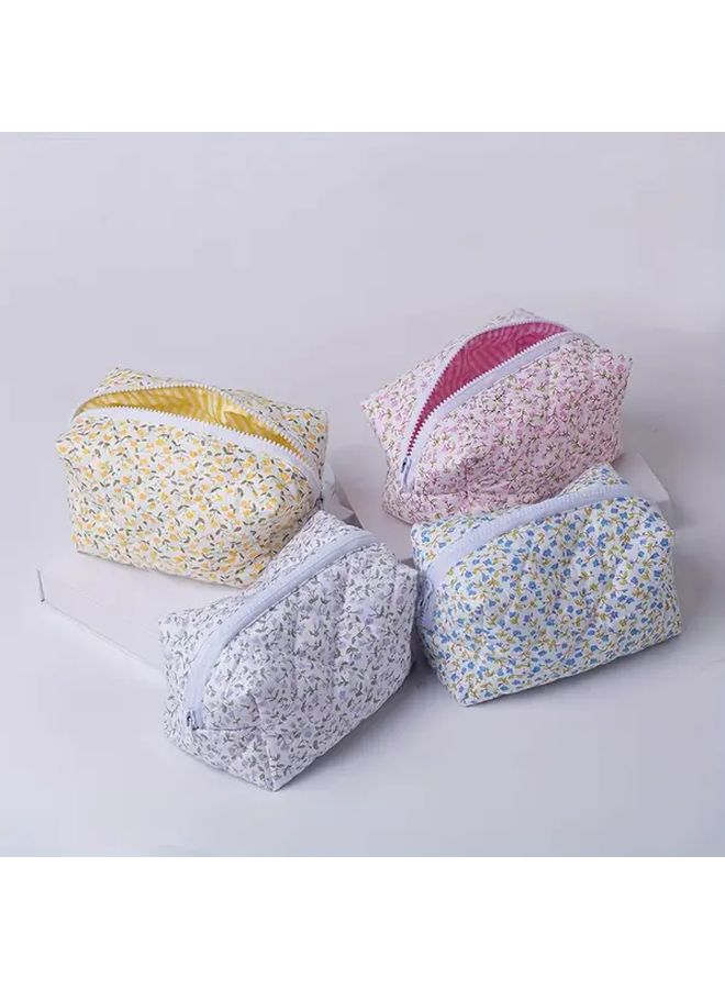Floral Quilted Makeup Bag Large Capacity Pencil Case Toiletry Organizer Yellow Storage Pouch Durable Fabric Zippered Travel Essentials Cosmetic Organizer Women - Image 1