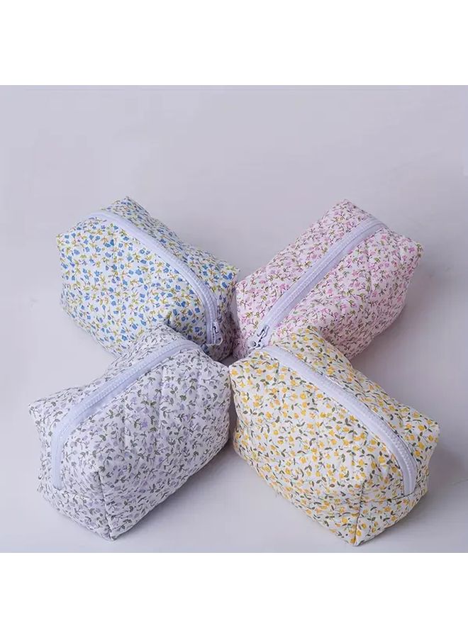 Floral Quilted Makeup Bag Large Capacity Pencil Case Toiletry Organizer Yellow Storage Pouch Durable Fabric Zippered Travel Essentials Cosmetic Organizer Women - Image 2