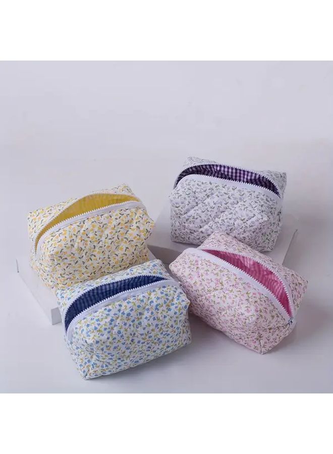 Floral Quilted Makeup Bag Large Capacity Pencil Case Toiletry Organizer Yellow Storage Pouch Durable Fabric Zippered Travel Essentials Cosmetic Organizer Women - Image 3