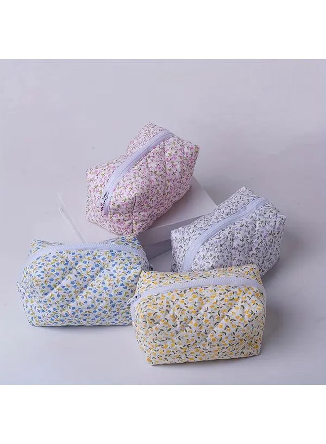 Floral Quilted Makeup Bag Large Capacity Pencil Case Toiletry Organizer Yellow Storage Pouch Durable Fabric Zippered Travel Essentials Cosmetic Organizer Women - Image 5