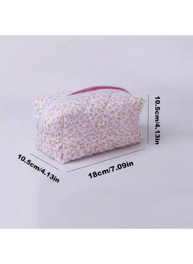 Floral Quilted Makeup Bag Large Capacity Pencil Case Toiletry Organizer Yellow Storage Pouch Durable Fabric Zippered Travel Essentials Cosmetic Organizer Women - Image 4