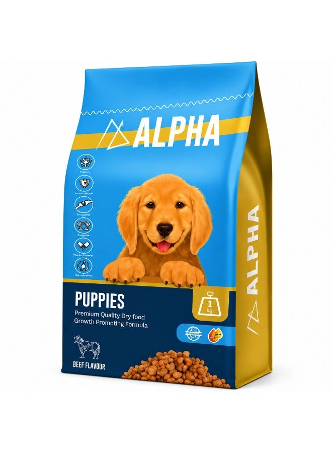 طعام جاف للجراء من ALPHA بنكهة اللحم البقري تركيبة لتعزيز النمو 1 كجم
