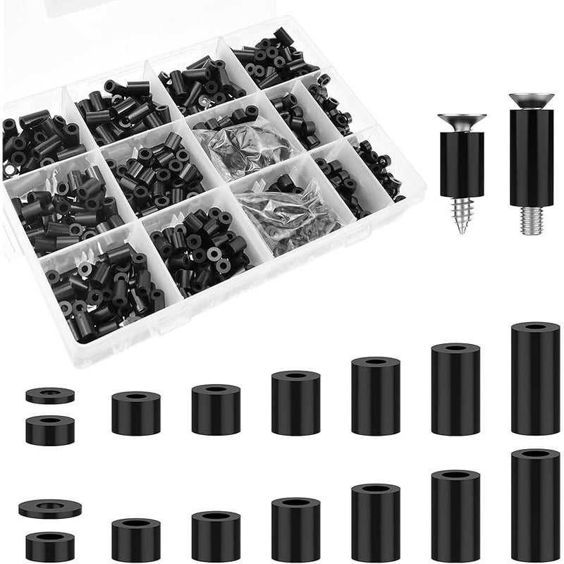 Aifeier ET 1200 Pcs Electrical Outlet Spacers for M3 M4 Screws, Nylon Black Round Spacer Hardware Without Threaded, Plastic Standoff Nut Assortment Kit for Electrical Switch & Receptacle Screws - Image 1
