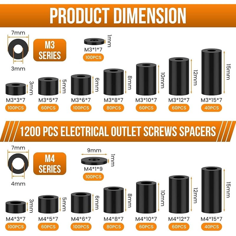 Aifeier ET 1200 Pcs Electrical Outlet Spacers for M3 M4 Screws, Nylon Black Round Spacer Hardware Without Threaded, Plastic Standoff Nut Assortment Kit for Electrical Switch & Receptacle Screws - Image 2
