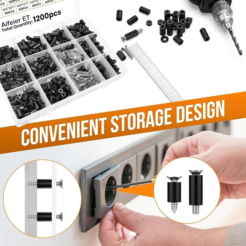 Aifeier ET 1200 Pcs Electrical Outlet Spacers for M3 M4 Screws, Nylon Black Round Spacer Hardware Without Threaded, Plastic Standoff Nut Assortment Kit for Electrical Switch & Receptacle Screws - Image 5