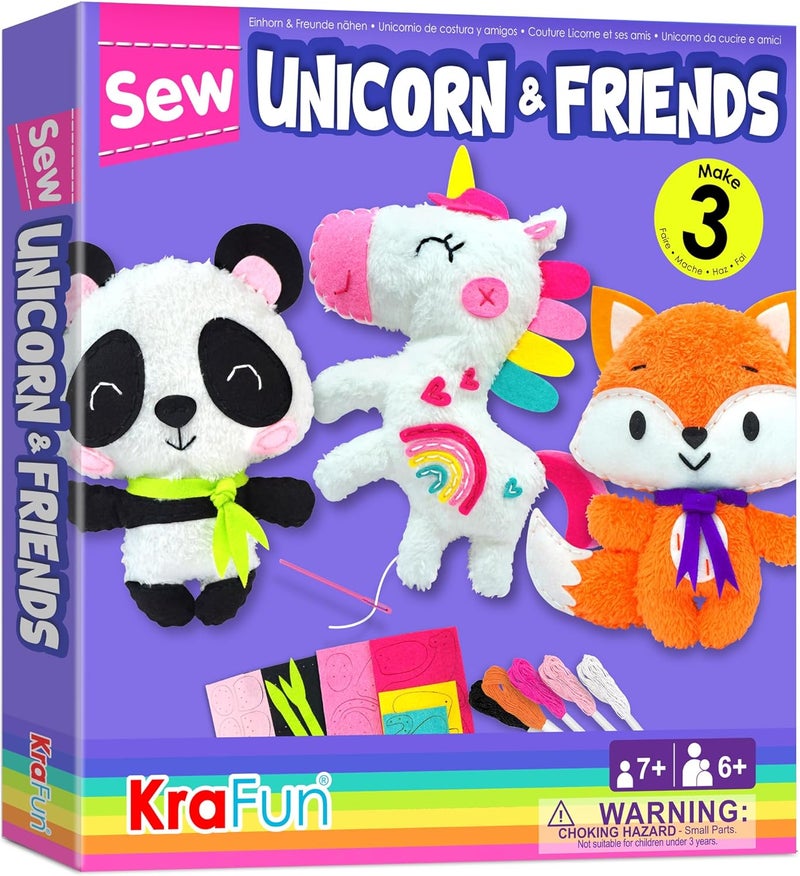 KRAFUN Unicorn Beginner Animal Sewing Kit for Kids Age 7-13 My First Art & Craft, Includes 3 Stuffed Animal Dolls Panda, Fox, Instructions & Plush Felt Materials for Learn to Sew, Embroidery - Image 1
