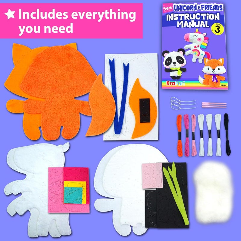 KRAFUN Unicorn Beginner Animal Sewing Kit for Kids Age 7-13 My First Art & Craft, Includes 3 Stuffed Animal Dolls Panda, Fox, Instructions & Plush Felt Materials for Learn to Sew, Embroidery - Image 2