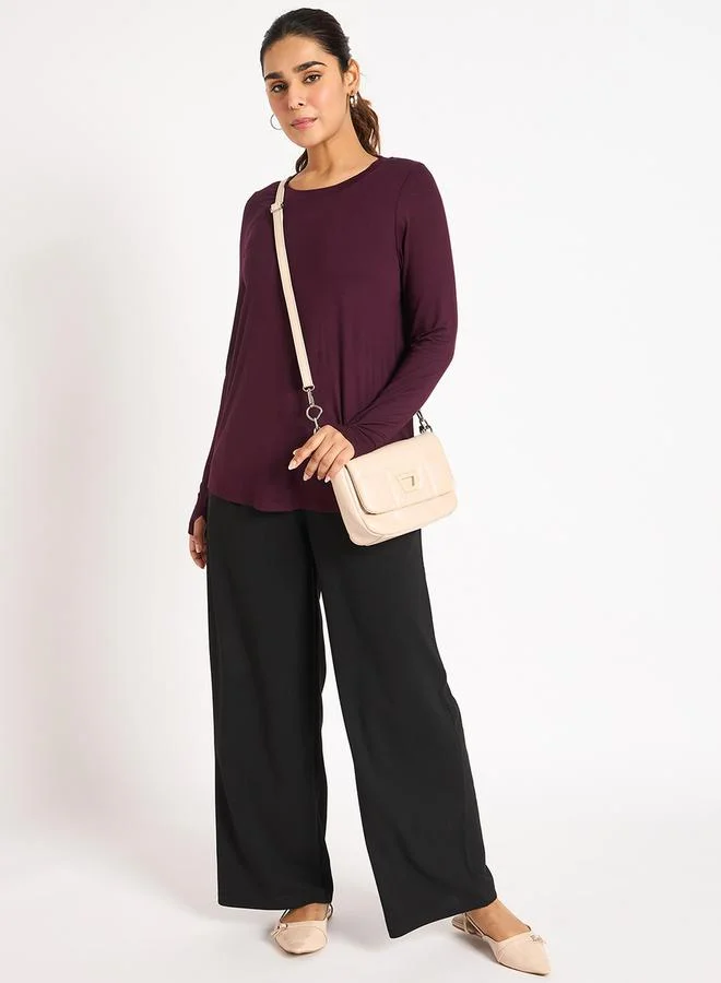 Femmella Solid Knit Round Neck T-Shirt with Thumbhole Detail by Styli