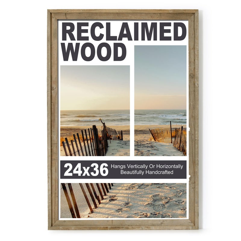Rustic 24x36 Picture Frame Reclaimed Barnwood Photo Frame with Tempered Glass Distressed Family Gallery Corner Horizontal and Vertical Wall Mounting or Tabletop Display 1 Pack