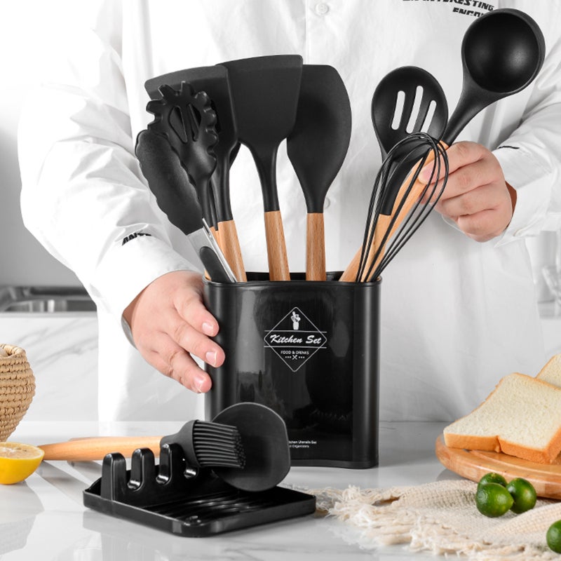 Silicone Utensils 11-Piece Black Food-grade Silicone - Heat Resistant Non-stick Flexible Kitchen Tools for Home Cooking Kitchens - Image 2