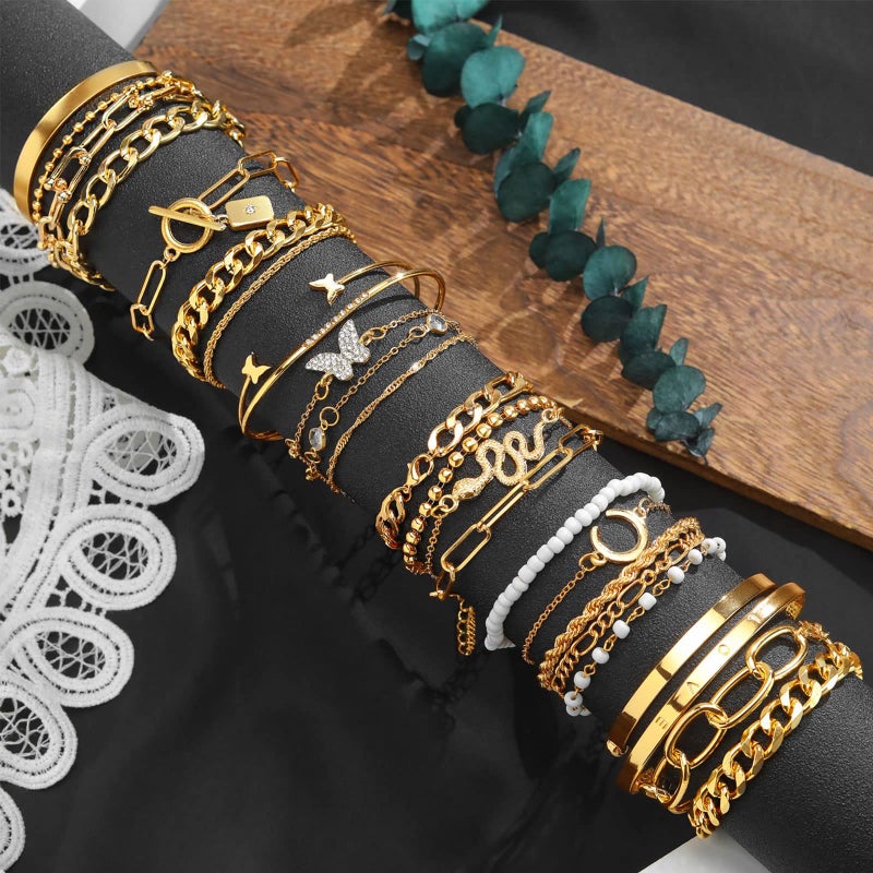 17IF 25 Pcs (6 Pack) Gold Chain Bracelets Set for Women Boho Punk Stackable Y2K Multipack Layered Bangles Pack Adjustable Cuff Italian Cuban Anklet Charm Chunky Bracelet Bundle Jewelry - Image 3