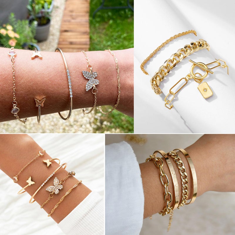 17IF 25 Pcs (6 Pack) Gold Chain Bracelets Set for Women Boho Punk Stackable Y2K Multipack Layered Bangles Pack Adjustable Cuff Italian Cuban Anklet Charm Chunky Bracelet Bundle Jewelry - Image 5