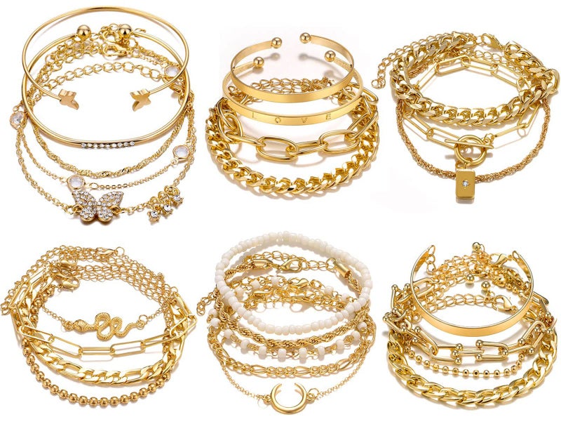 17IF 25 Pcs (6 Pack) Gold Chain Bracelets Set for Women Boho Punk Stackable Y2K Multipack Layered Bangles Pack Adjustable Cuff Italian Cuban Anklet Charm Chunky Bracelet Bundle Jewelry - Image 1