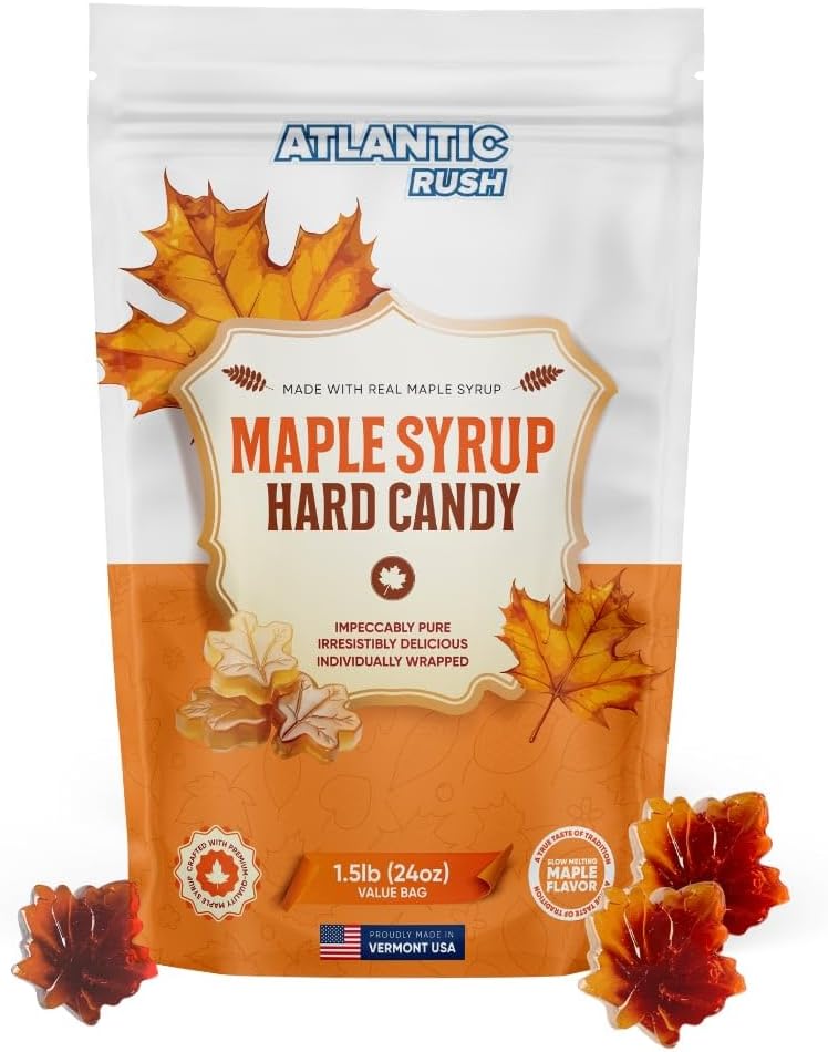 Atlantic Rush Maple Syrup Hard Candy - 1.5lb Individually Wrapped Maple Leaf Candies - Image 1