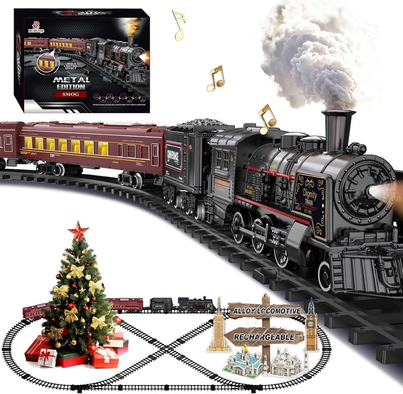 BUBUQE Electric Train Sets for Kids Metal Alloy Christmas Train Toys Steam Locomotive Glowing Passenger Carriages Luxury Tracks Light  Sounds Rechargeable Birthday Gifts for Boys Girls Red - Image 3