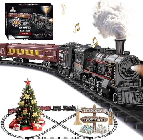 BUBUQE Electric Train Sets for Kids Metal Alloy Christmas Train Toys Steam Locomotive Glowing Passenger Carriages Luxury Tracks Light  Sounds Rechargeable Birthday Gifts for Boys Girls Red - Image 1
