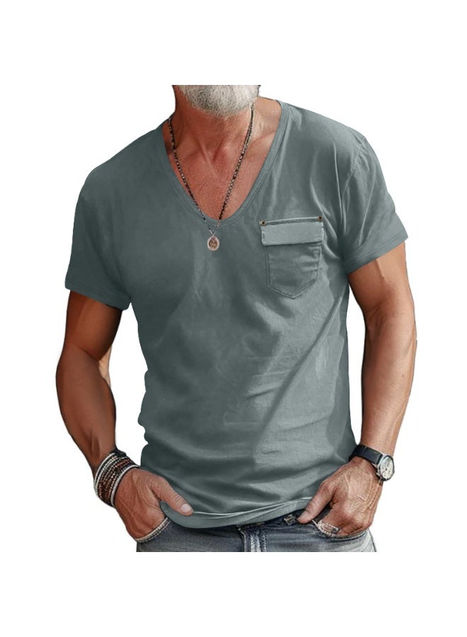 Fashionable Casual Short Sleeve U-Neck T-Shirt Men's Slim Fit Solid Color Shirt Summer  Breathable Top - Image 1