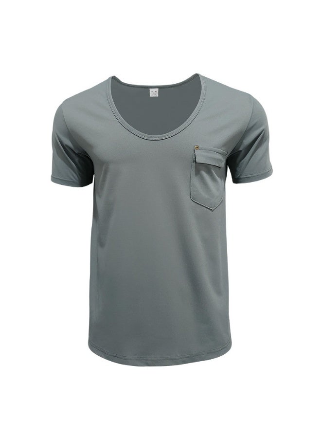 Fashionable Casual Short Sleeve U-Neck T-Shirt Men's Slim Fit Solid Color Shirt Summer  Breathable Top - Image 2