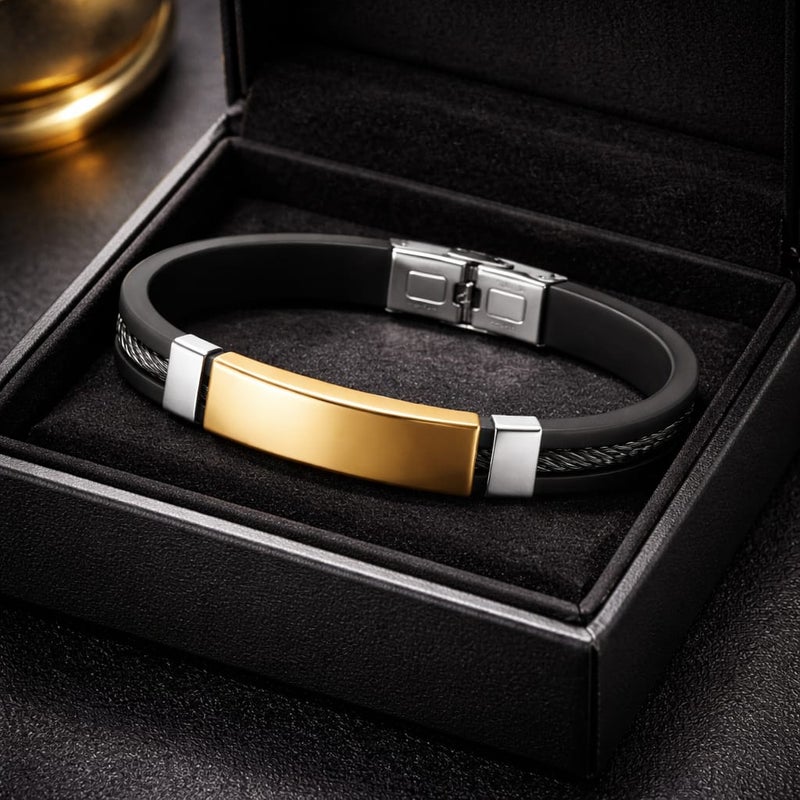 A luxurious, modern men's bracelet, combining black silicone with an artistic wire touch and a gold-colored stainless steel piece, a blend of strength and elegance for everyday wear. - Image 5