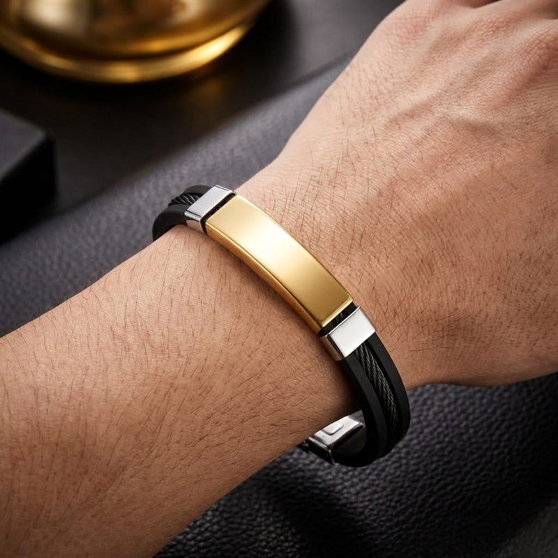 A luxurious, modern men's bracelet, combining black silicone with an artistic wire touch and a gold-colored stainless steel piece, a blend of strength and elegance for everyday wear. - Image 2