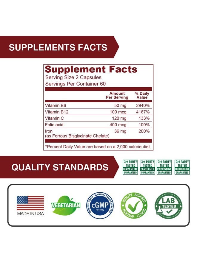 Lovita حديد 18 ملغ، مكمل حديد 6 في 1 للنساء، حديد مع فيتامين سي، دونغ كواي و ب12، فيتامين حديد نباتي لدعم إنتاج خلايا الدم الحمراء بدون إمساك، 120 كبسولة - Image 5